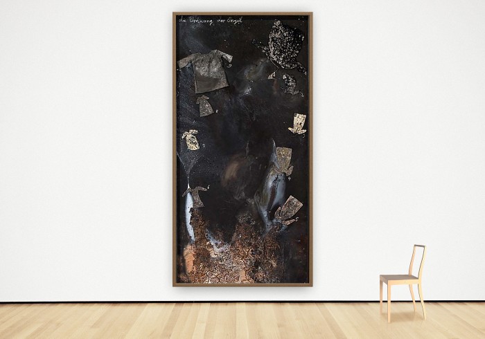 Anselm Kiefer | Die Ordnung der Engel | 2010 | Farbe, Sand, Asche, Lehm und Kalk auf Holz mit Eisen und Baumwoll- und Leinenkleidern | 285,6 × 140,6 cm